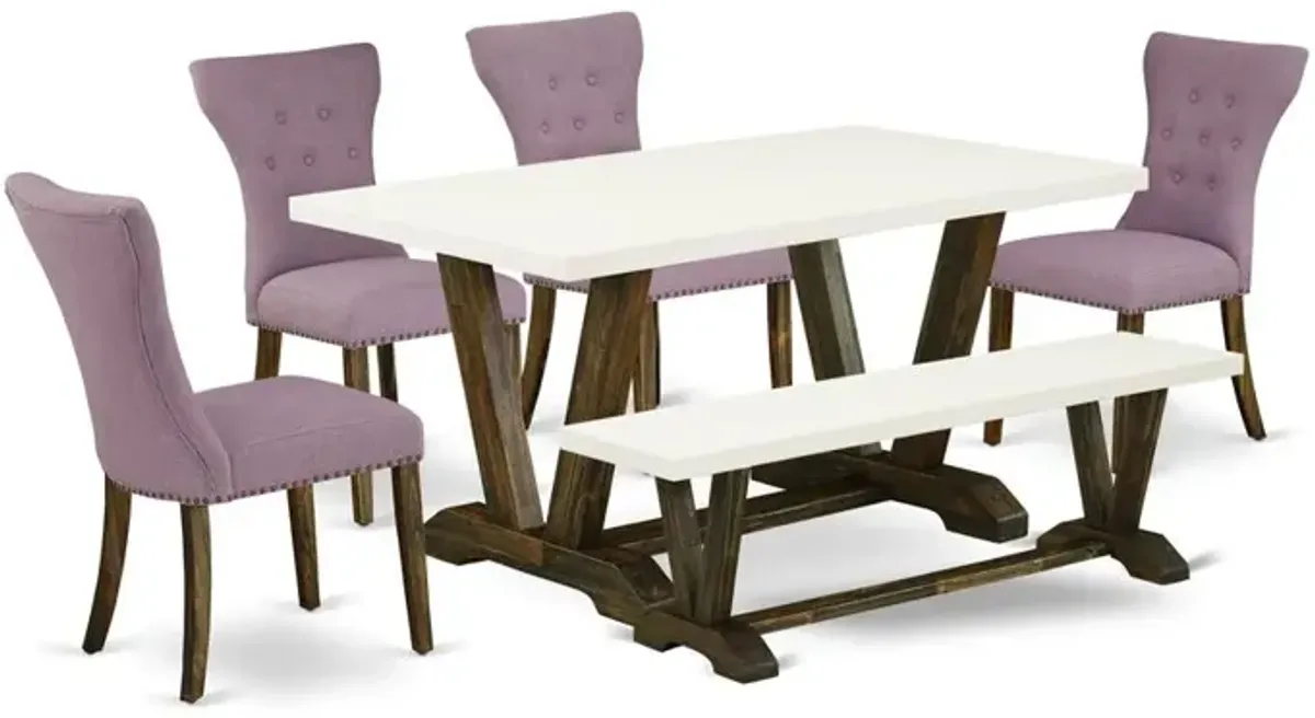 East West Furniture V726GA740-6 6-Pc Dining Table Set- 4 Upholstered Dining Chairs with Dahlia Linen Fabric Seat and Button Tufted Chair Back - Rectangular Top & Wooden Legs Kitchen Table and Small Be