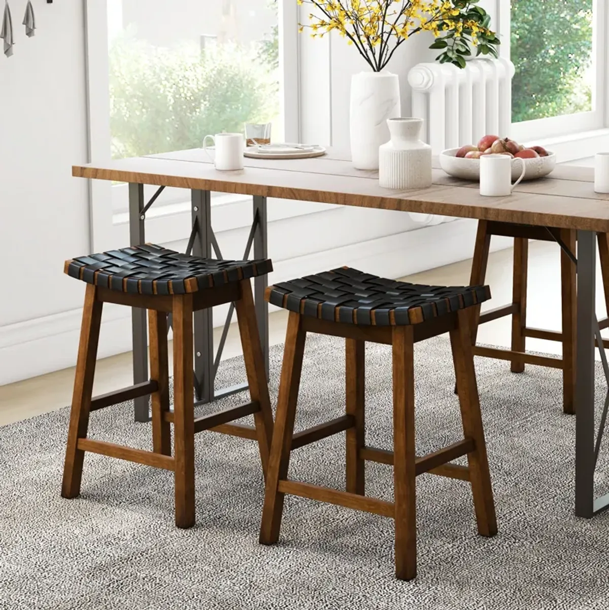 Faux PU Leather Bar Height Stools Set of 2 with Woven Curved Seat