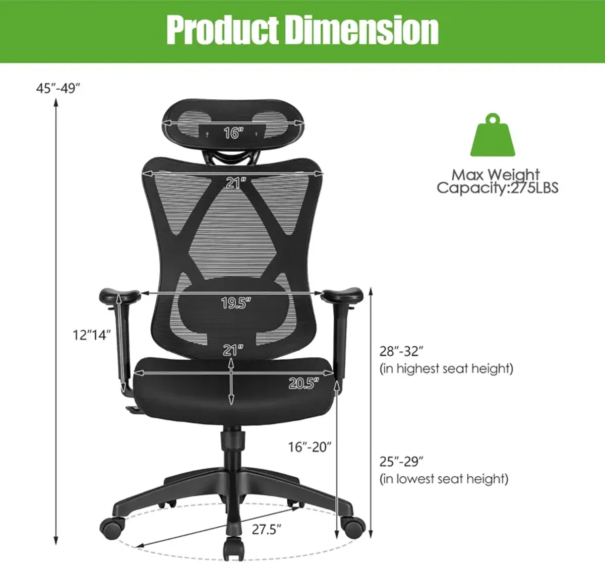 Costway Ergonomic High Back Mesh Office Chair w/ Adjustable Lumbar Support