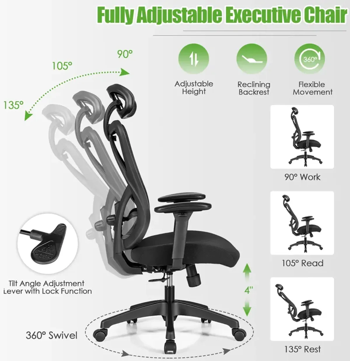 Costway Ergonomic High Back Mesh Office Chair w/ Adjustable Lumbar Support