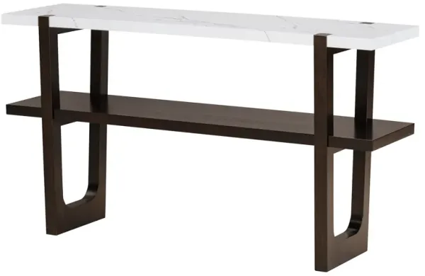 Clihome Narrow Console Table with Marble-Effect Top, Retro Entryway Table with Open Shelf, Sofa Table for Entryway, Hallway and Living Room (Espresso)