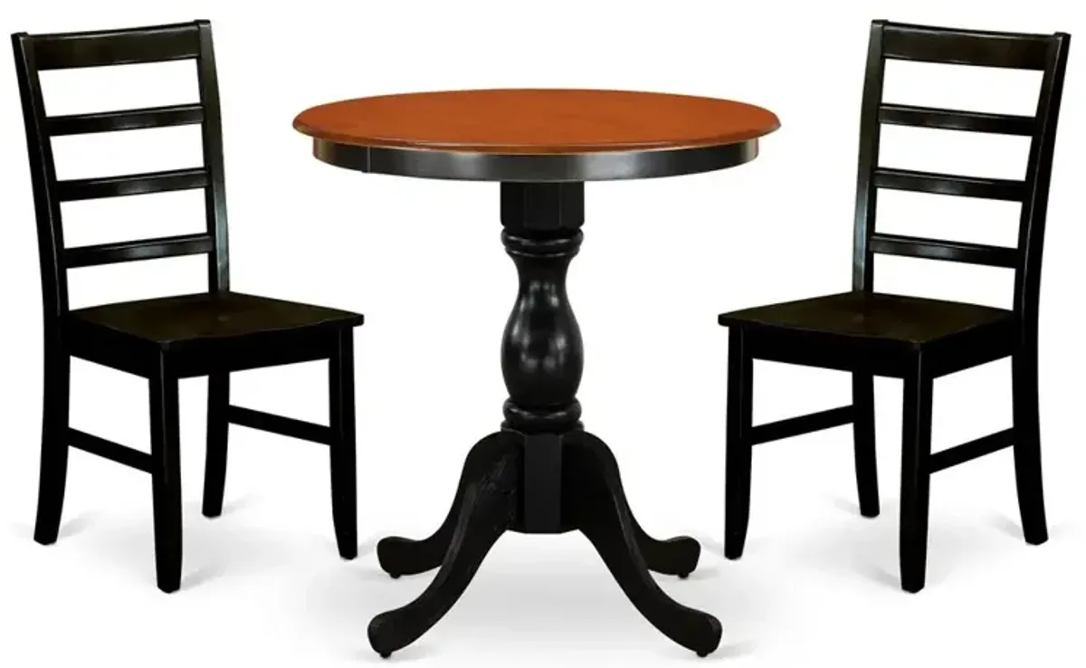East West Furniture 3-Piece Mid Century Dining Set Contains a Dinner Table and 2 Mid Century Chairs with Ladder Back - Black Finish