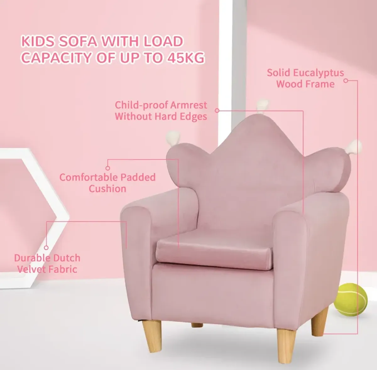 Pink Kids' Throne: Crown-Shaped Single Lounger Armchair