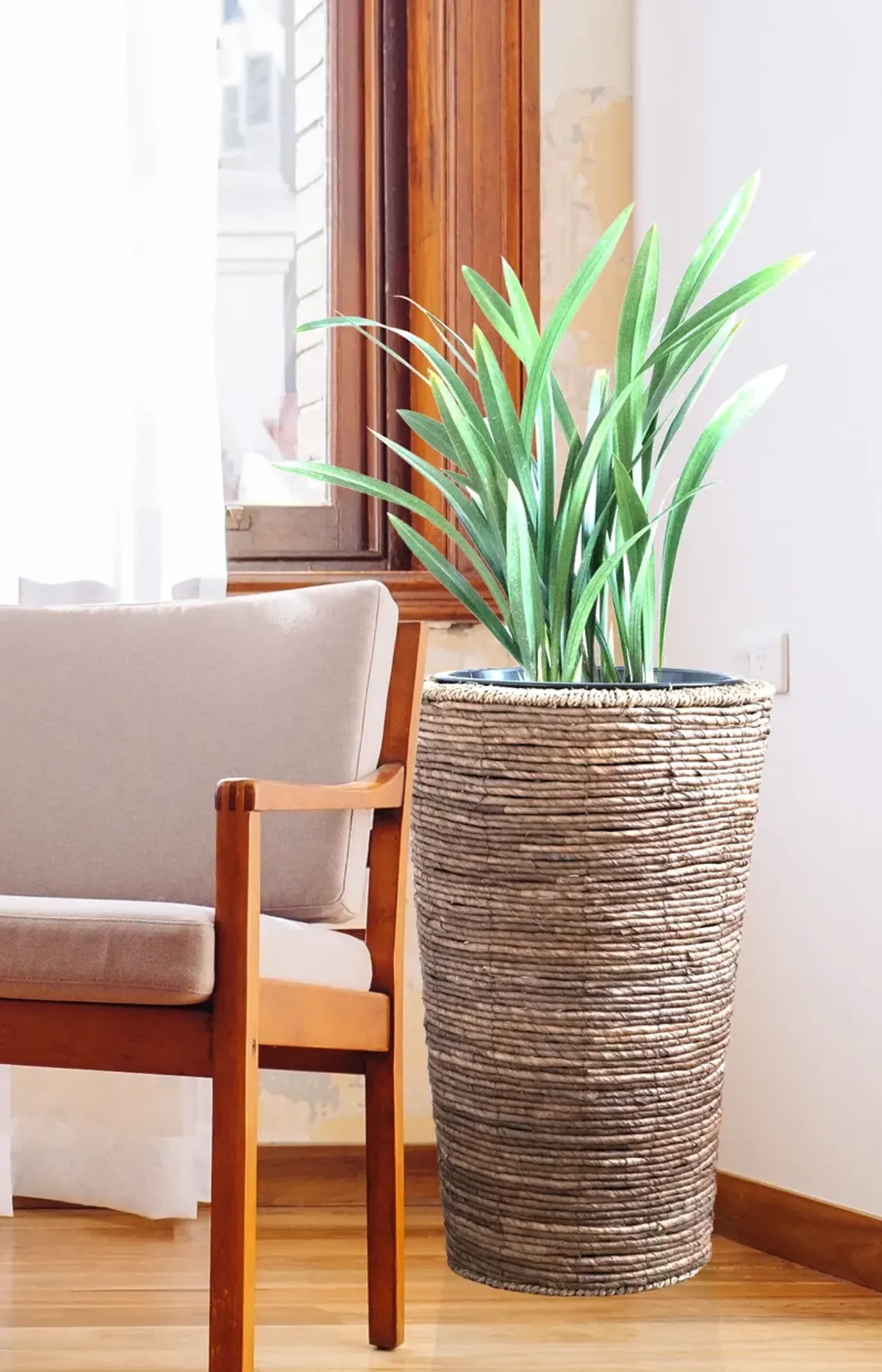 Wicker Banana Rope Tall Floor Planter with Metal Pot, Large