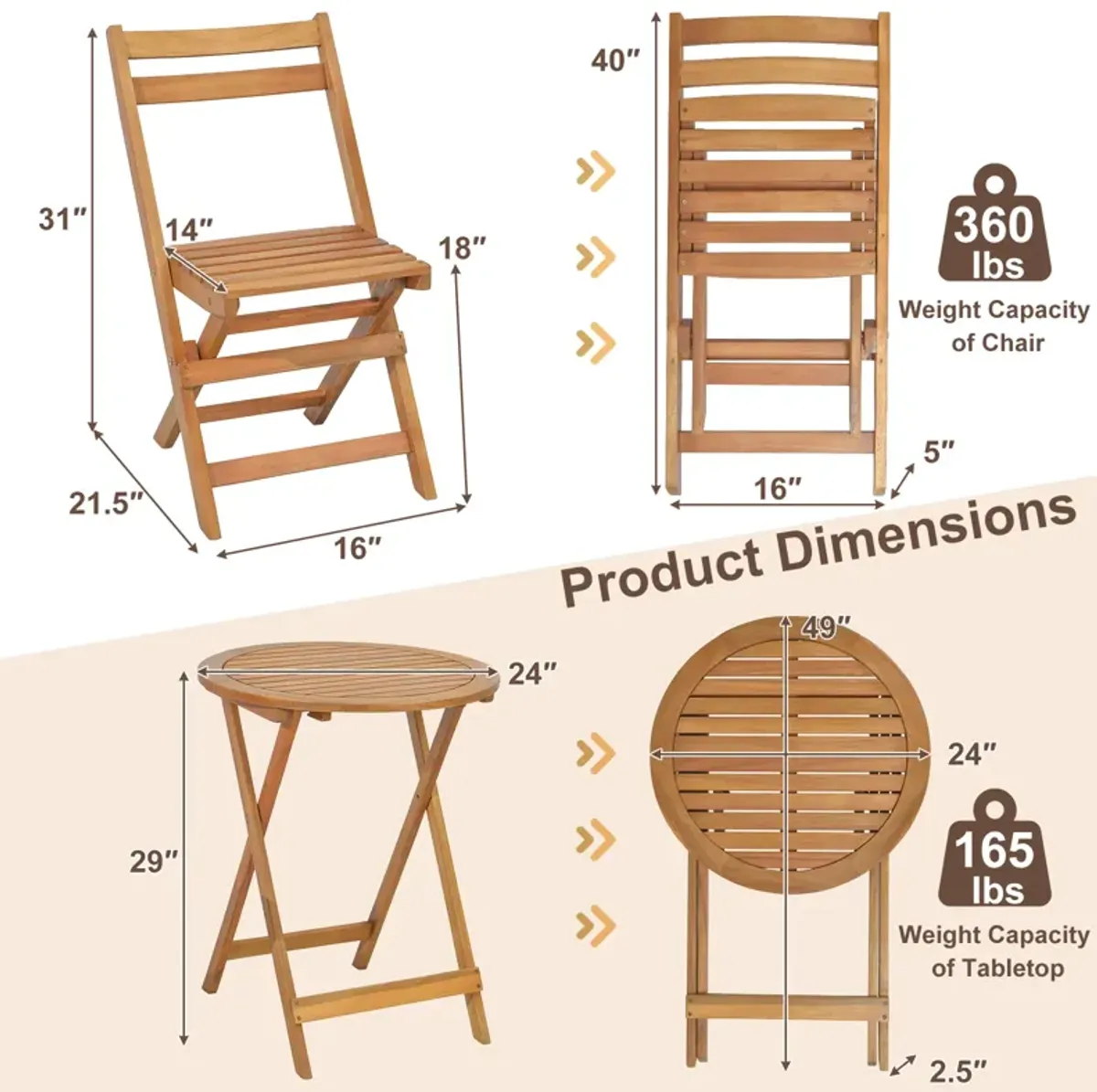 3 Pieces Folding Patio Bistro Set with Slatted Tabletop