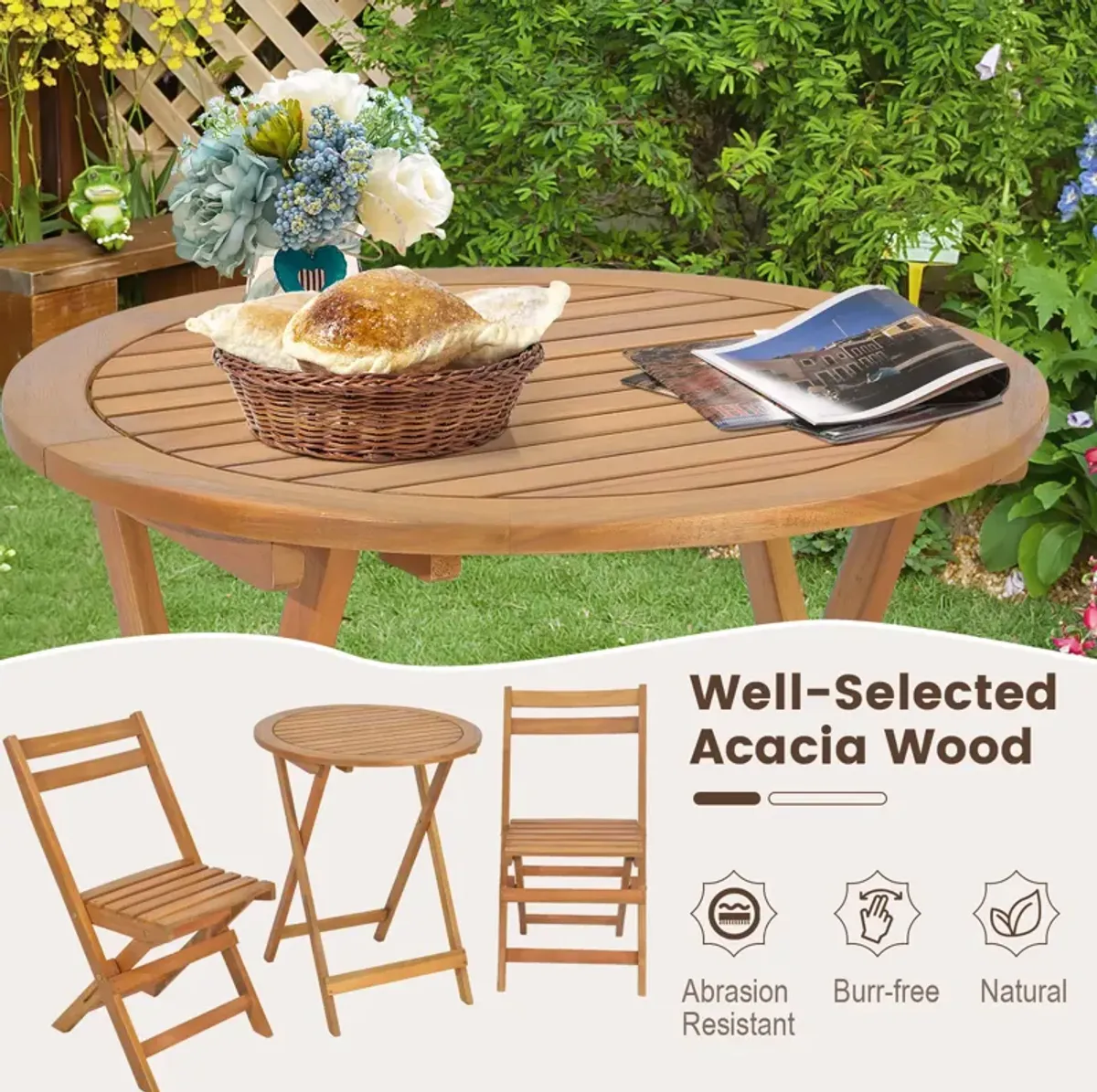 3 Pieces Folding Patio Bistro Set with Slatted Tabletop