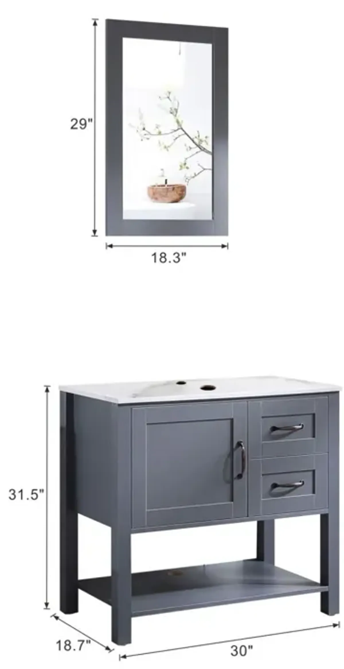 30In Gray Bathroom Vanity with Mirror And Top Only