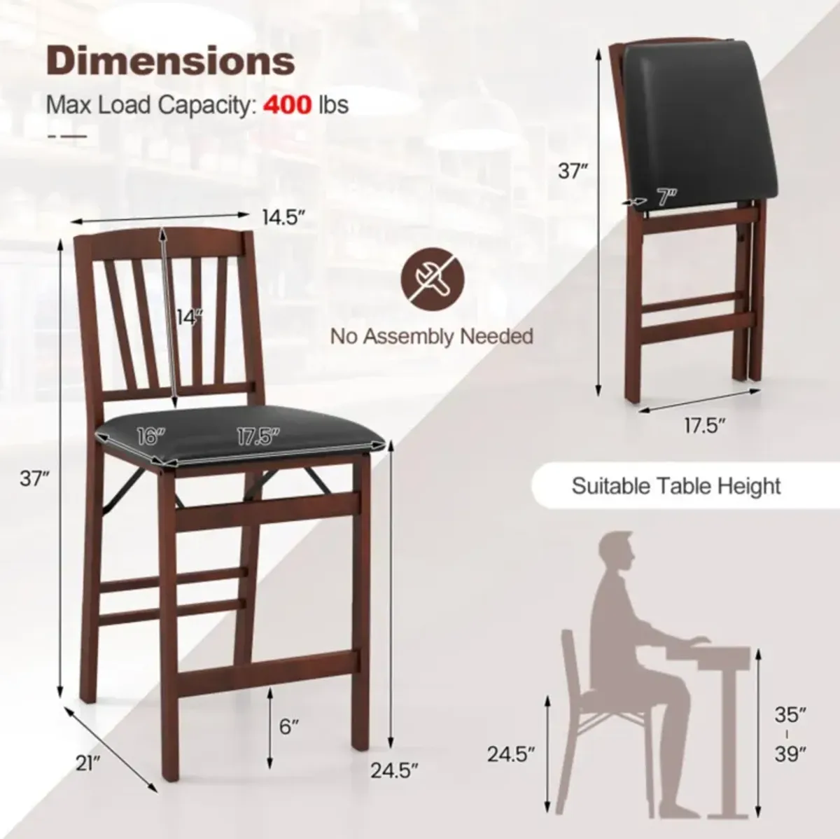 Hivvago Set of 2 Counter Height Chairs Folding Kitchen Island Stool with Padded Seat