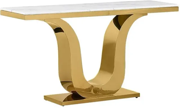 White marble console table with a gold color stainless steel base