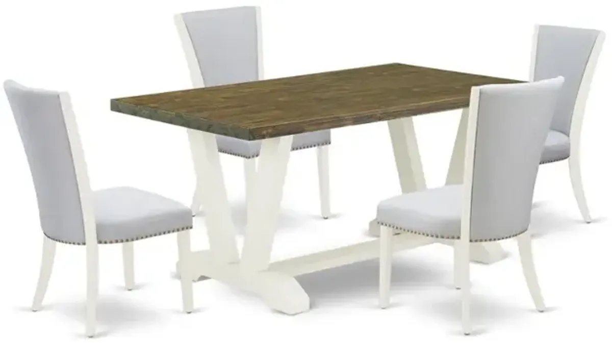 East West Furniture 5-Pc Dinette Set Consists of 4 Modern Chairs with Upholstered Seat and Stylish Back-Rectangular Wood Dining Table - Distressed Jacobean and Wirebrushed Linen White Finish