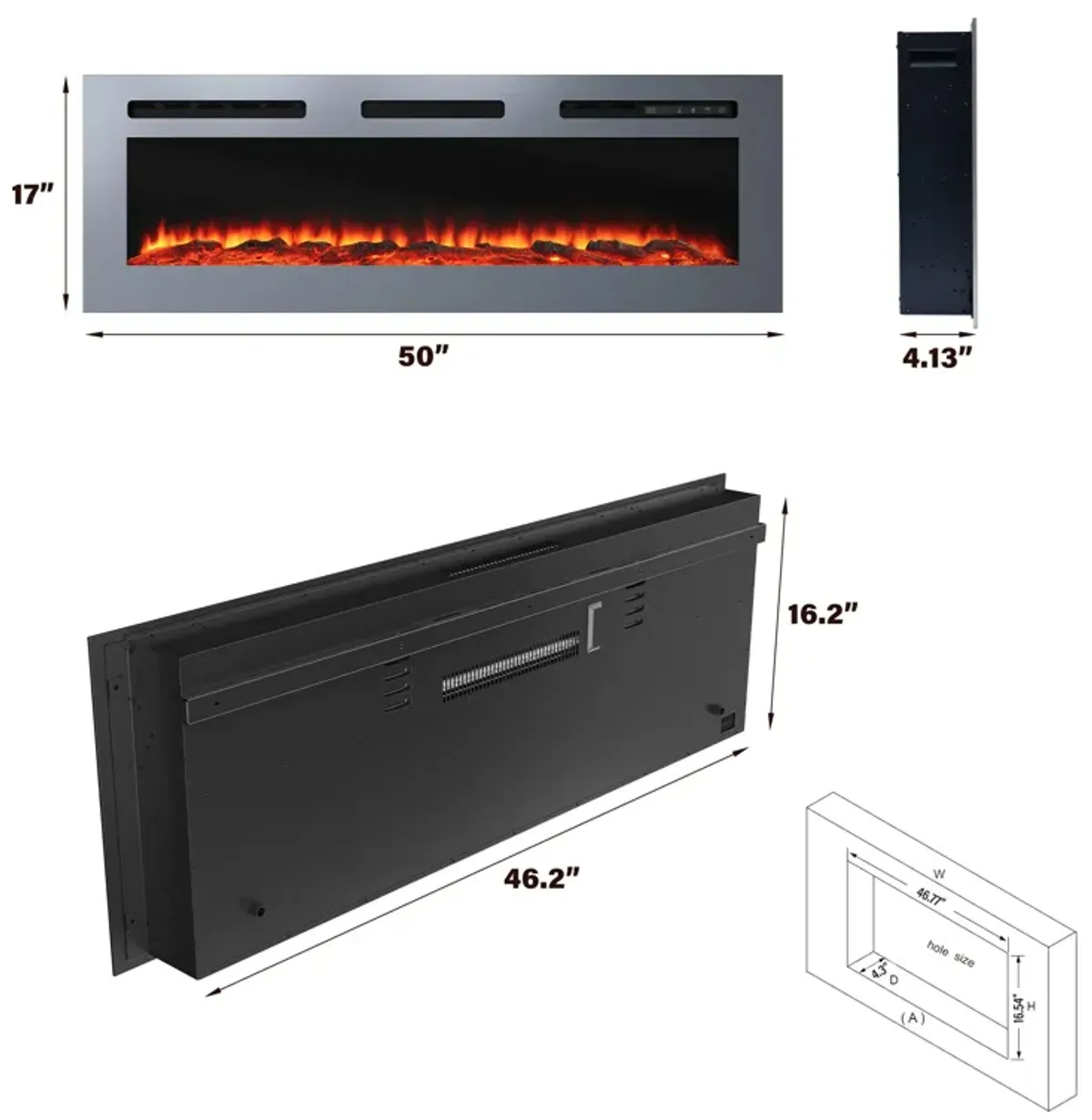 MONDAWE 50 Inch Stainless Steel Recessed Electric Fireplace with Remote Control and Timing Function