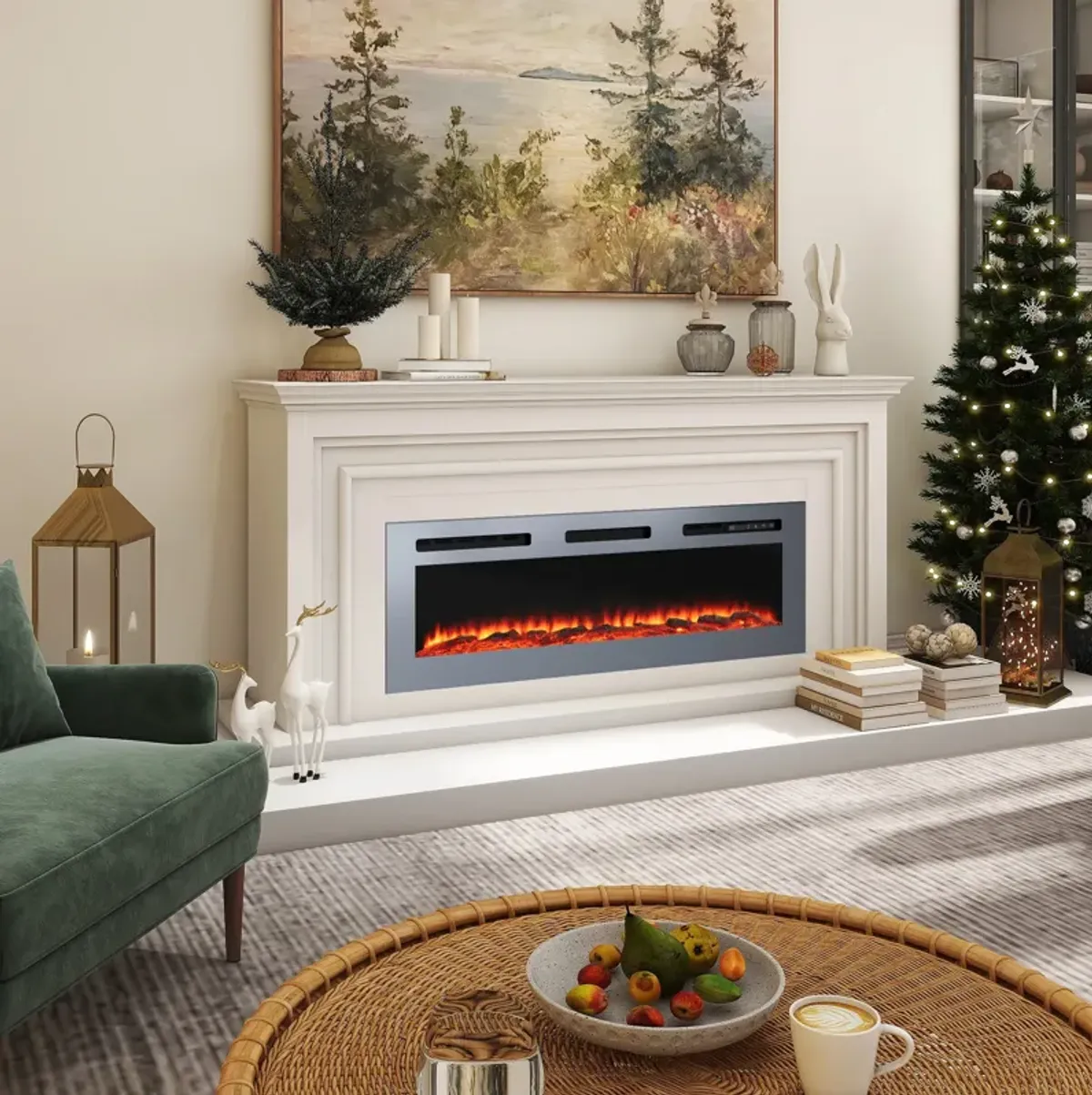 MONDAWE 50 Inch Stainless Steel Recessed Electric Fireplace with Remote Control and Timing Function