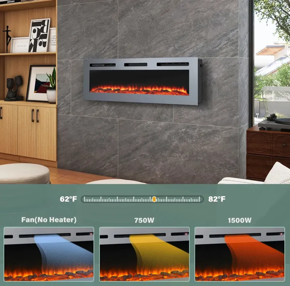 MONDAWE 50 Inch Stainless Steel Recessed Electric Fireplace with Remote Control and Timing Function