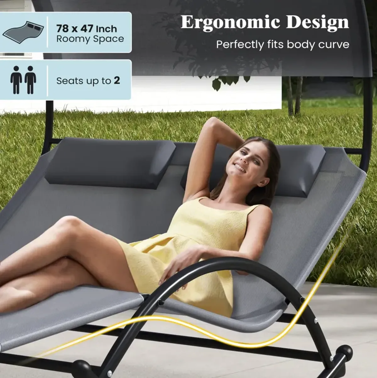 Outdoor Dual Rocker Sunbed – 2-Person Canopied Patio Lounger with Detachable Headrests