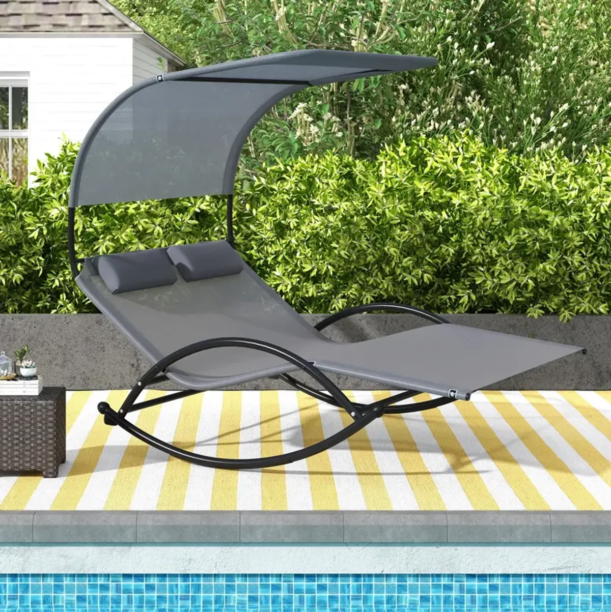 Outdoor Dual Rocker Sunbed – 2-Person Canopied Patio Lounger with Detachable Headrests