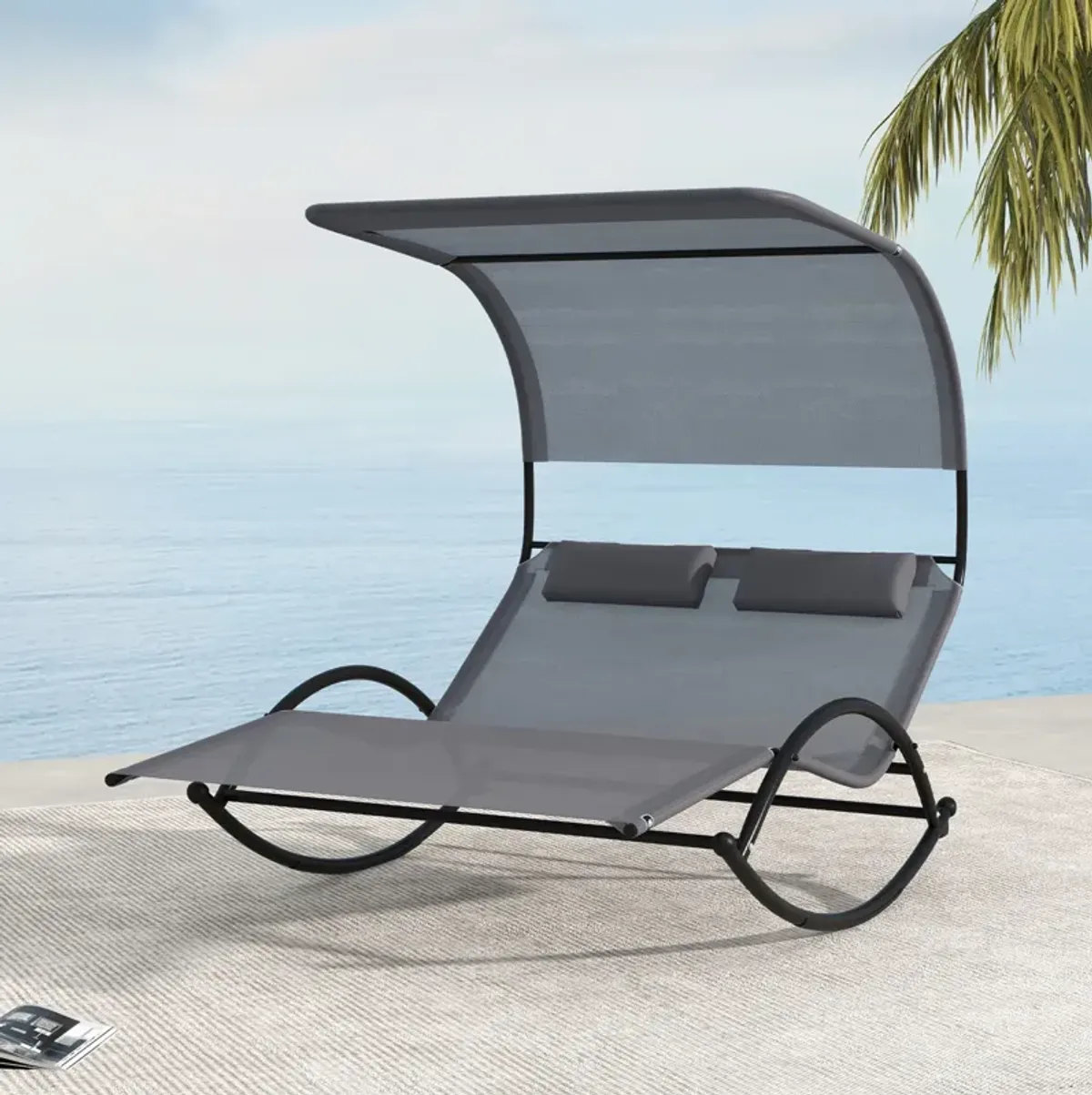 Outdoor Dual Rocker Sunbed – 2-Person Canopied Patio Lounger with Detachable Headrests