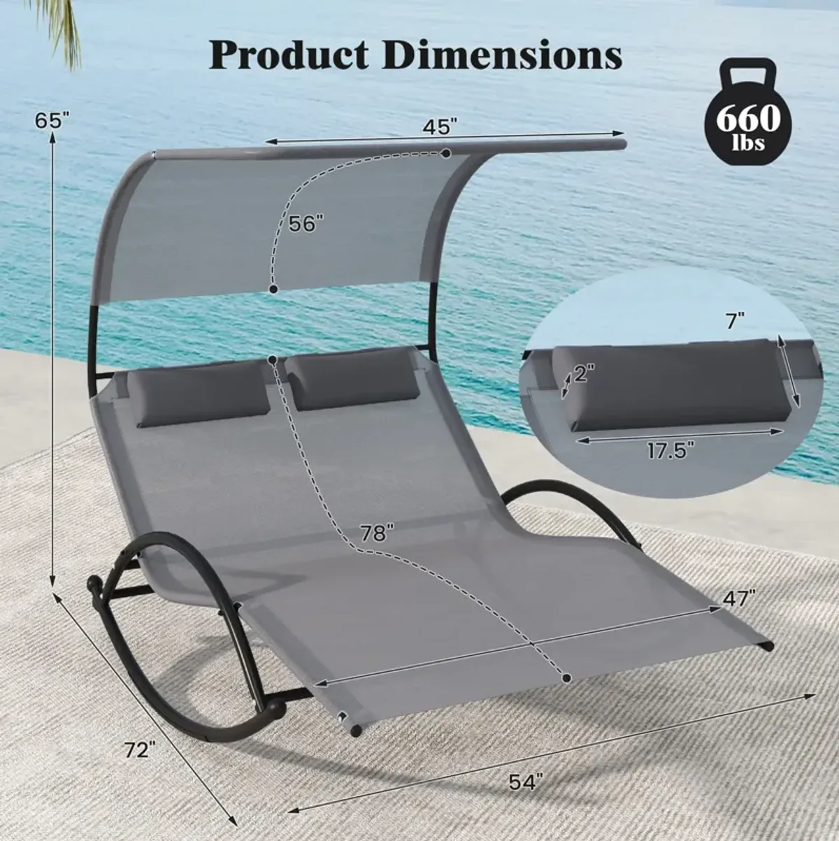 Outdoor Dual Rocker Sunbed – 2-Person Canopied Patio Lounger with Detachable Headrests