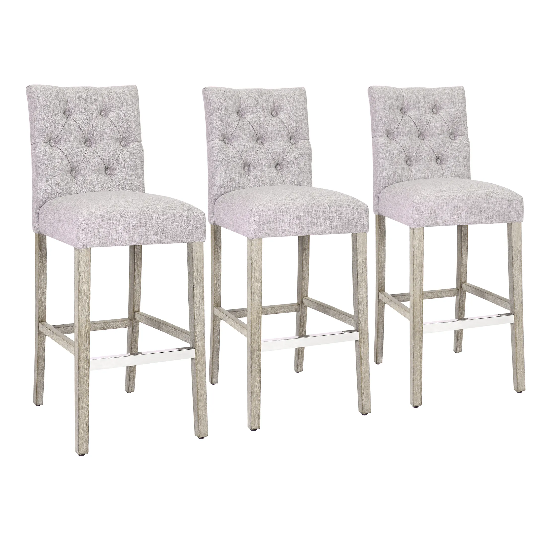 WestinTrends 29" Linen Fabric Tufted Upholstered Bar Stool (Set of 3), Antique Grey