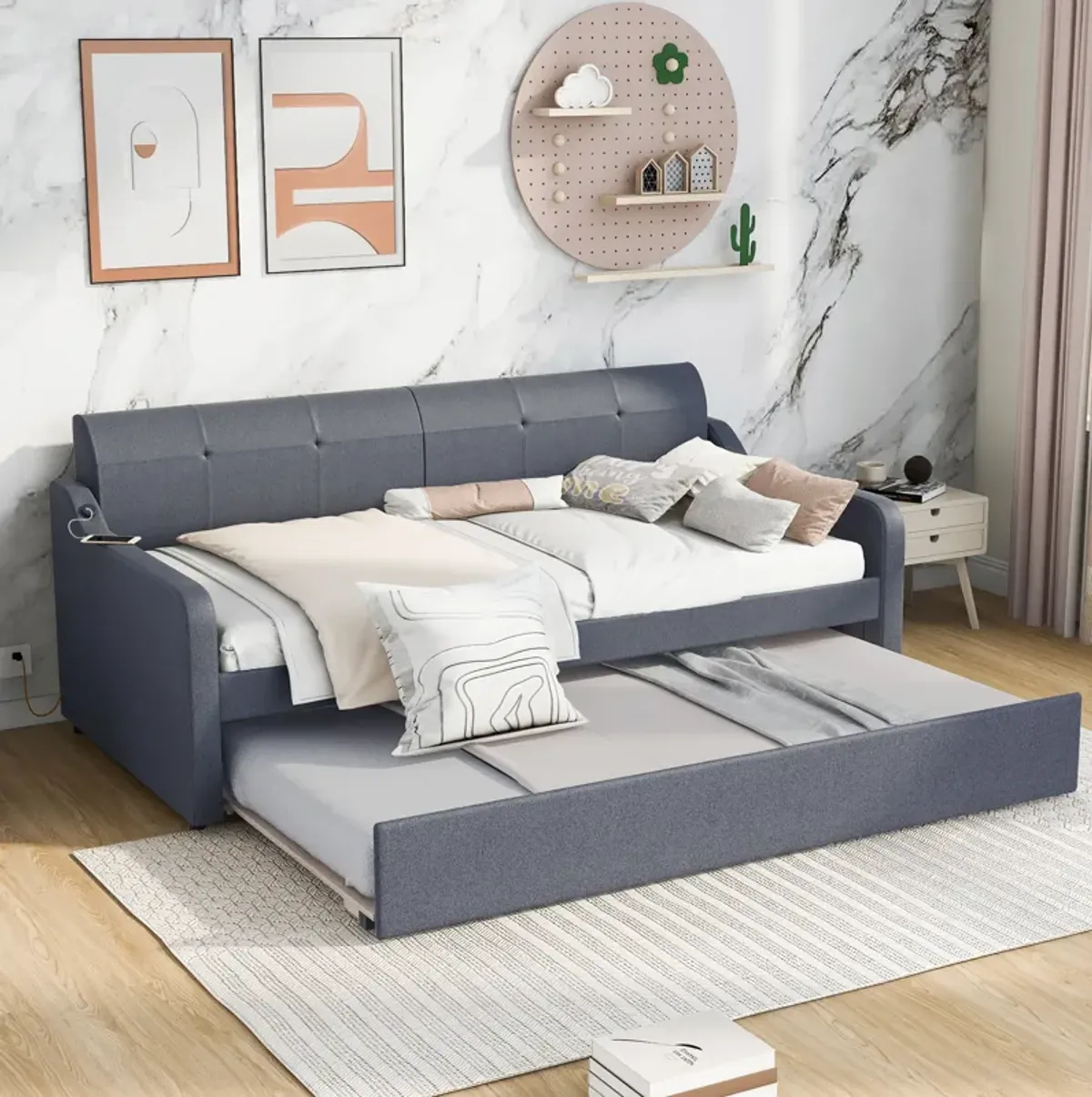 Merax Upholstery Daybed with Trundle and USB Charging Design