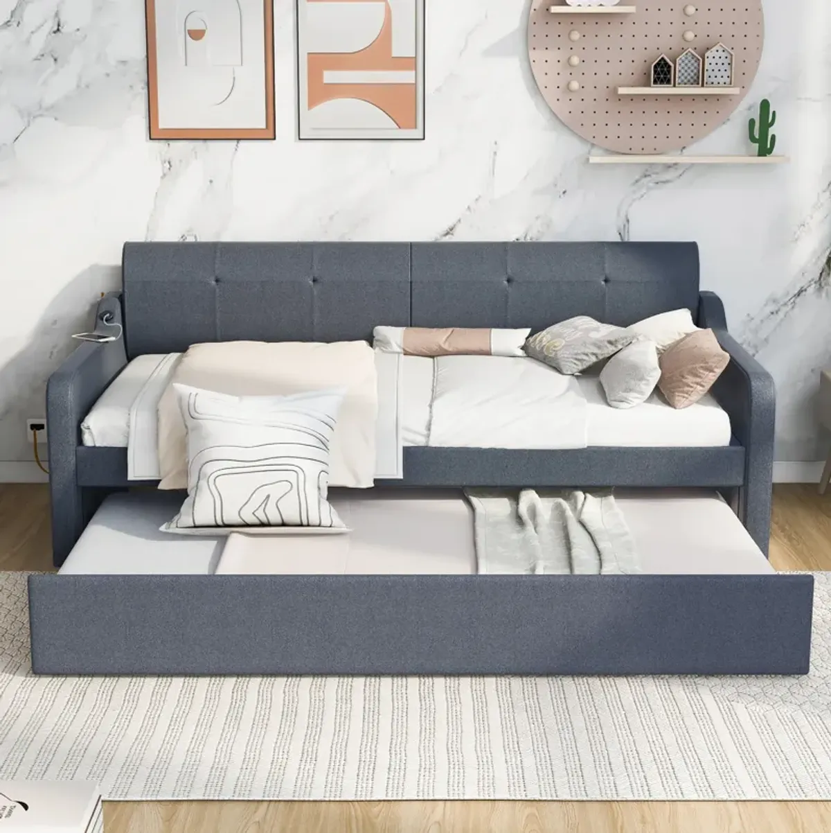 Merax Upholstery Daybed with Trundle and USB Charging Design