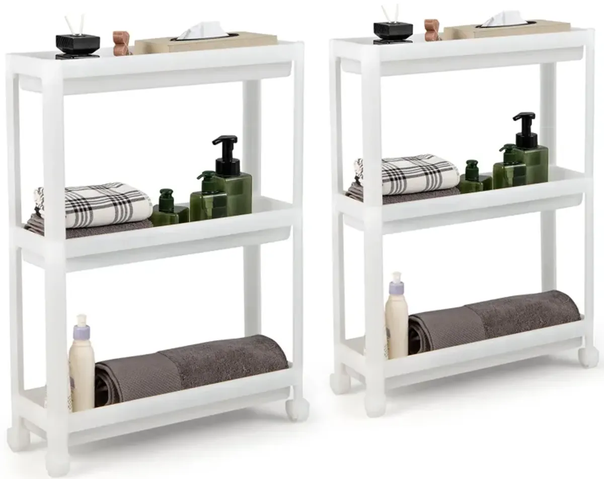 2 Pieces 3-Tier Slim Detachable Storage Cart with Drainage Holes and Wheels-White