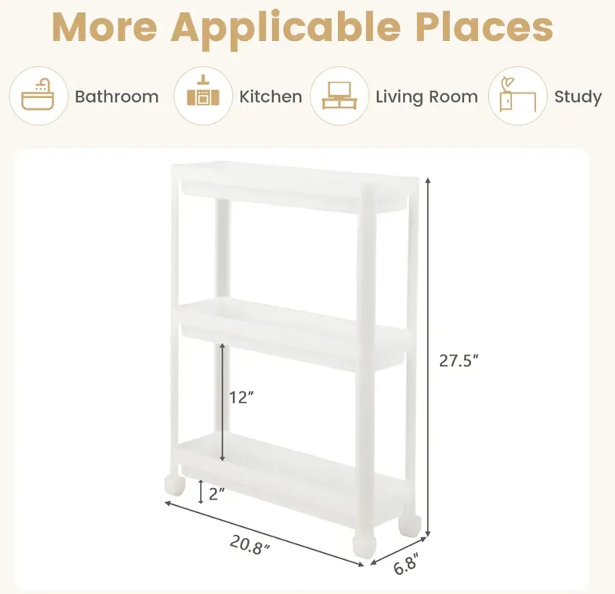 2 Pieces 3-Tier Slim Detachable Storage Cart with Drainage Holes and Wheels-White