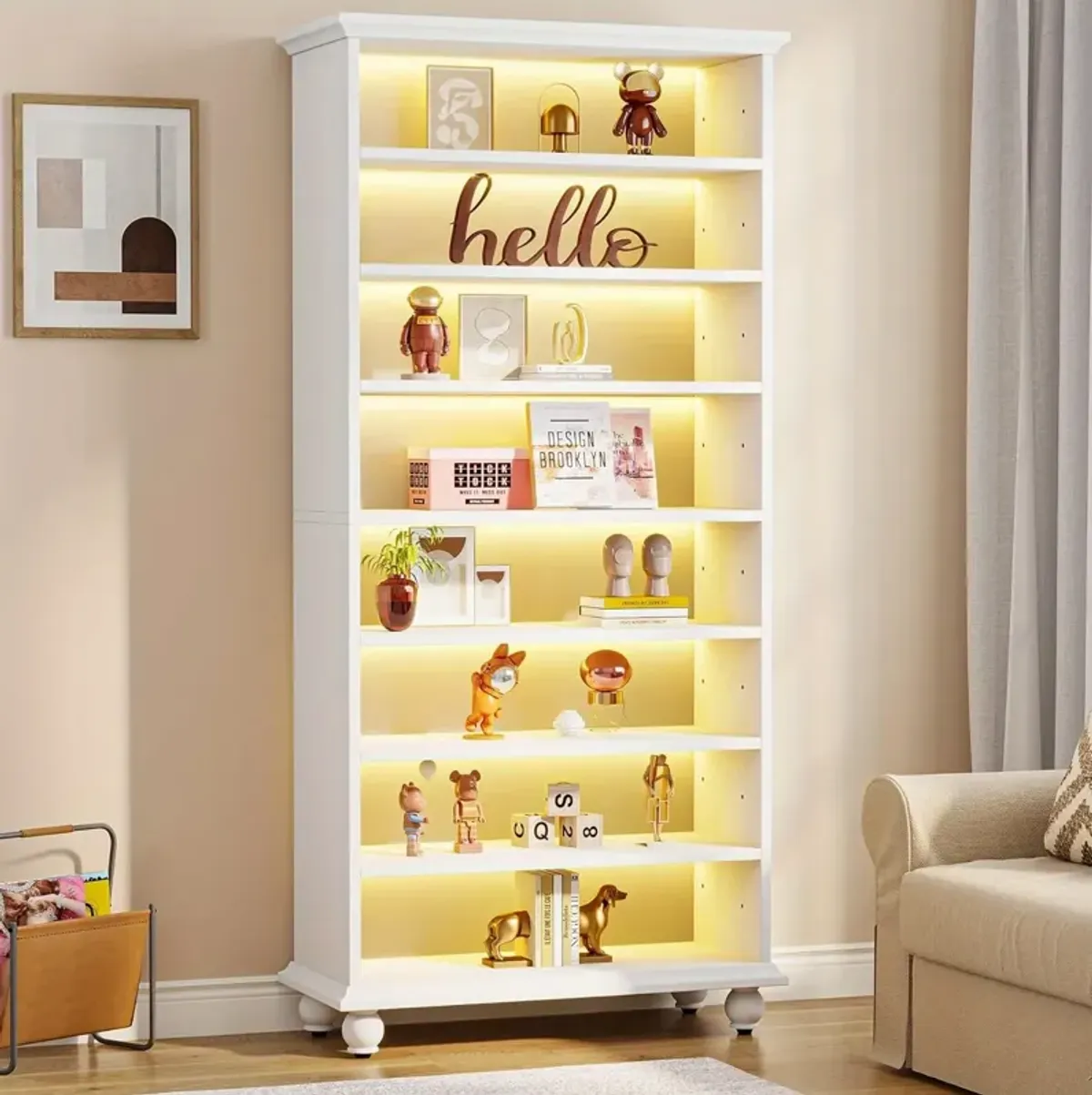 Christmas Decorations, 69-Inch Tall Bookcase with LED Lighting, Modern 9-Tier Freestanding Bookshelf with Solid Wood Legs, Wooden Open Display Shelf Organizer for Living Room, Home Office (1, White)