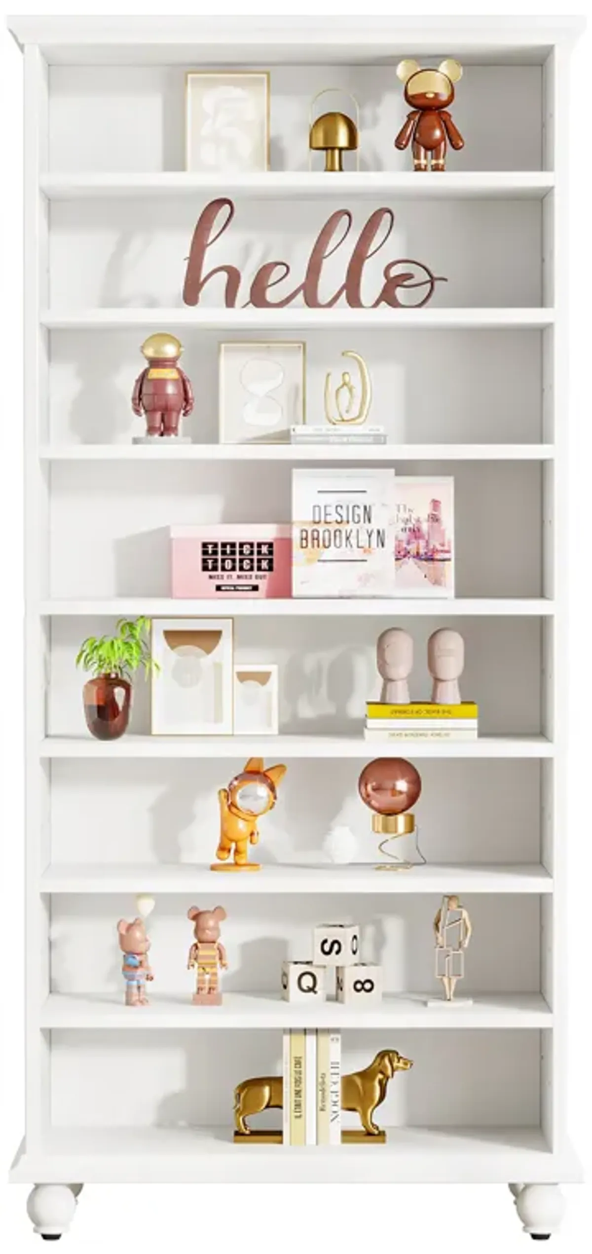 Christmas Decorations, 69-Inch Tall Bookcase with LED Lighting, Modern 9-Tier Freestanding Bookshelf with Solid Wood Legs, Wooden Open Display Shelf Organizer for Living Room, Home Office (1, White)