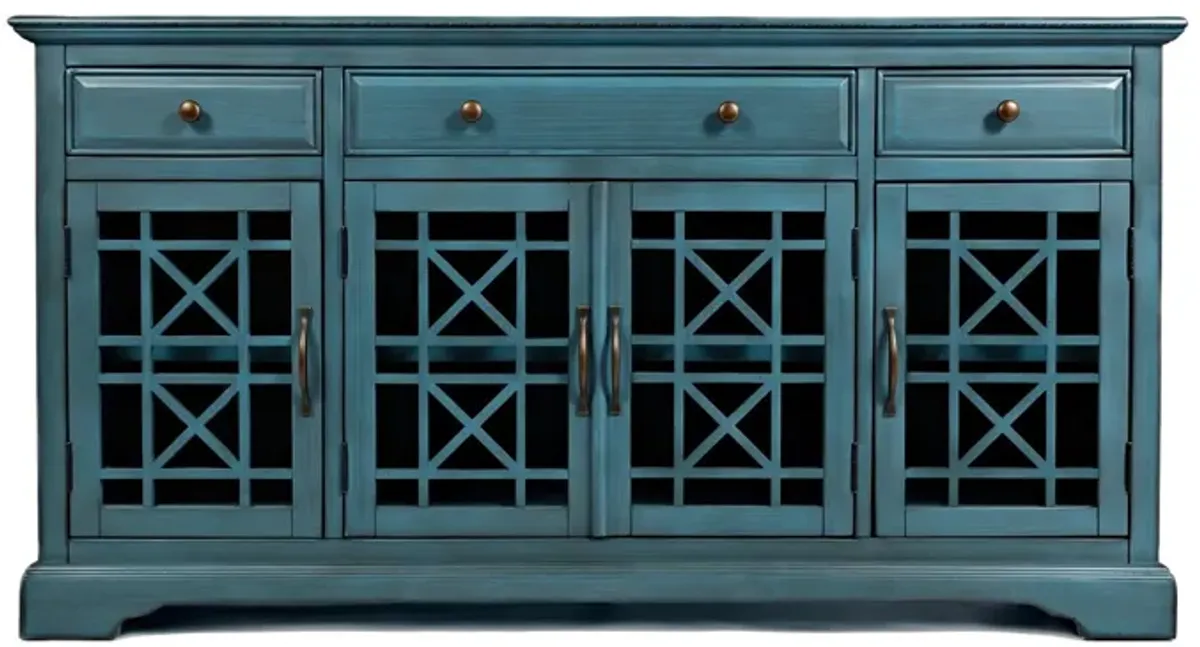 Koi 60 Inch Acacia Wood TV Media Entertainment Center Console, 4 Glass Doors, Crossed Wood Design, Antique Blue