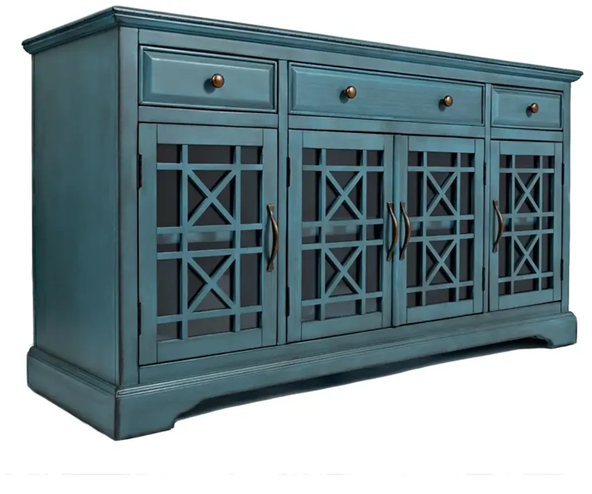 Koi 60 Inch Acacia Wood TV Media Entertainment Center Console, 4 Glass Doors, Crossed Wood Design, Antique Blue