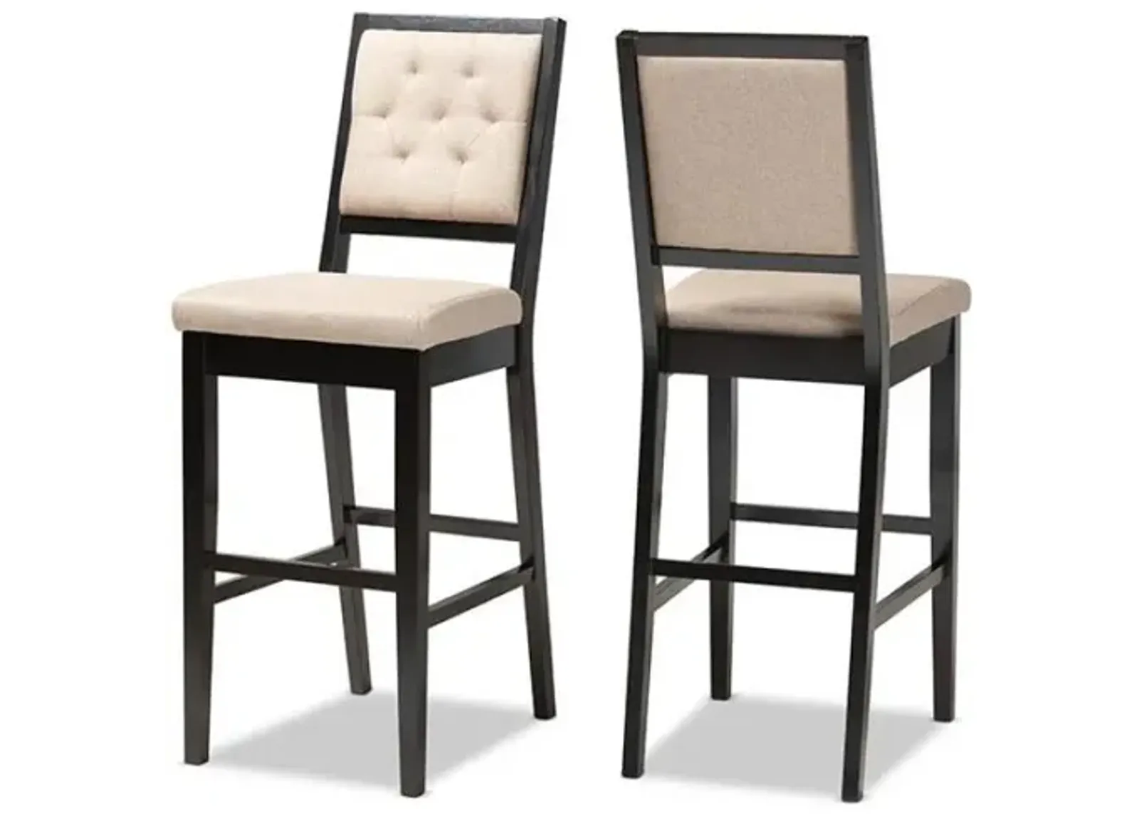 Sand Fabric Upholstered and Dark Brown Finished Wood 2-Piece Bar Stool Set