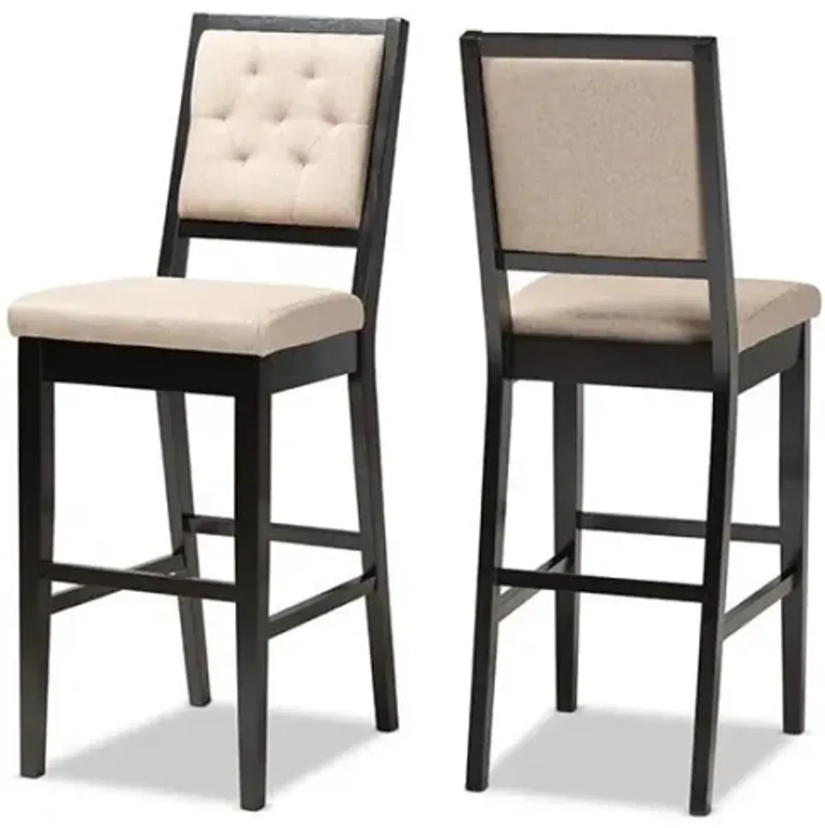 Sand Fabric Upholstered and Dark Brown Finished Wood 2-Piece Bar Stool Set