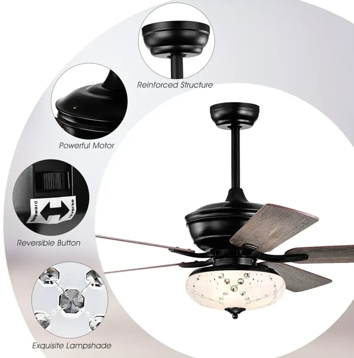 52 Inch Ceiling Fan with 3 Wind Speeds and 5 Reversible Blades