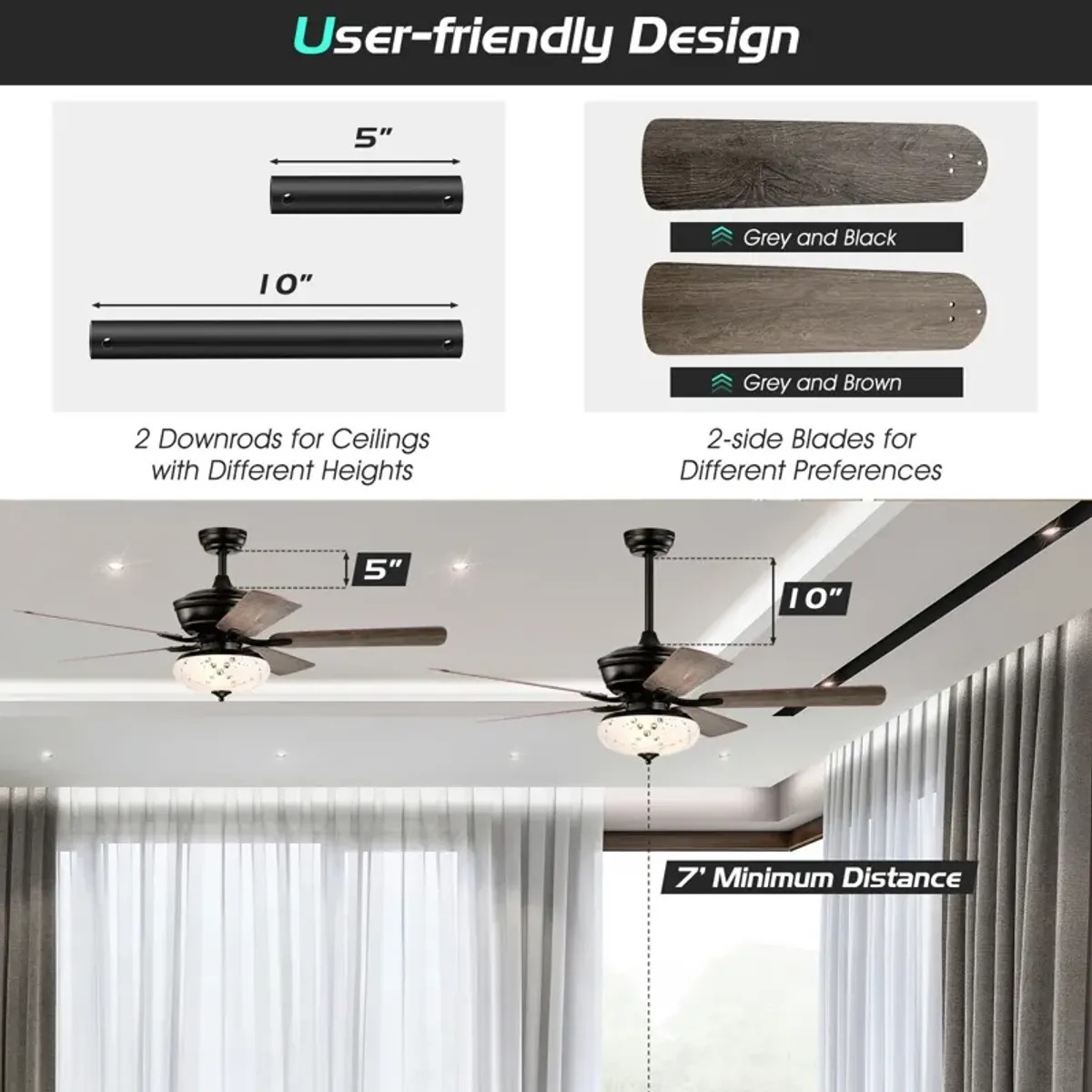 52 Inch Ceiling Fan with 3 Wind Speeds and 5 Reversible Blades