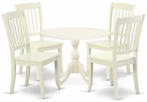 East West Furniture DMDA5-LWH-W 5 Piece Dining Room Table Set Consists of 1 Drop Leaves Dining Room Table and 4 Linen White Dinning Chairs with Slatted Back - Linen White Finish