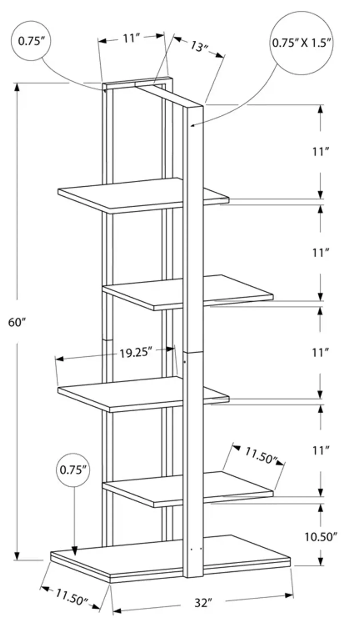 Monarch Specialties I 7233 Bookshelf, Bookcase, Etagere, 5 Tier, 60"H, Office, Bedroom, Metal, Laminate, White, Grey, Contemporary, Modern