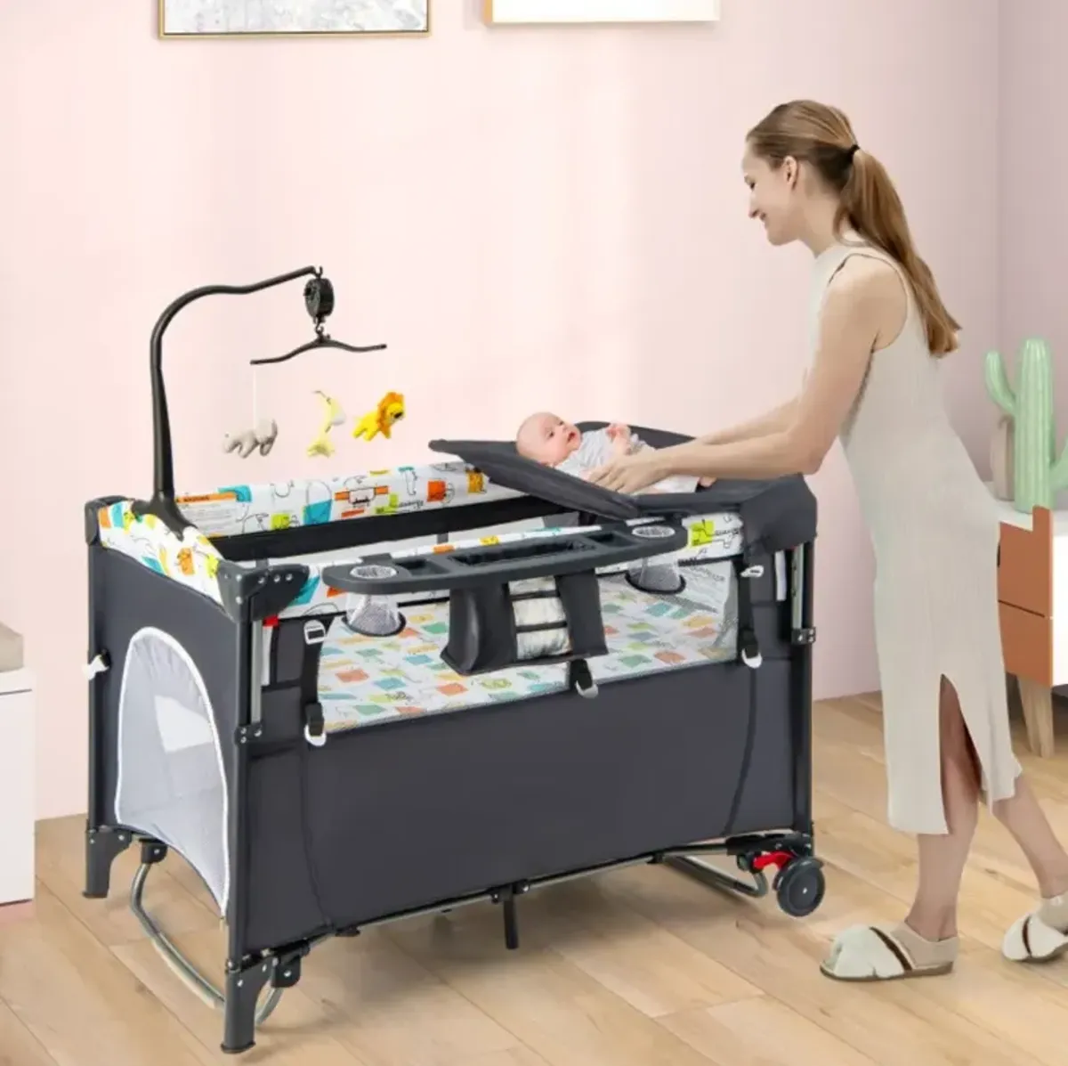 5-in-1 Baby Nursery Center Foldable Toddler Bedside Crib with Music Box