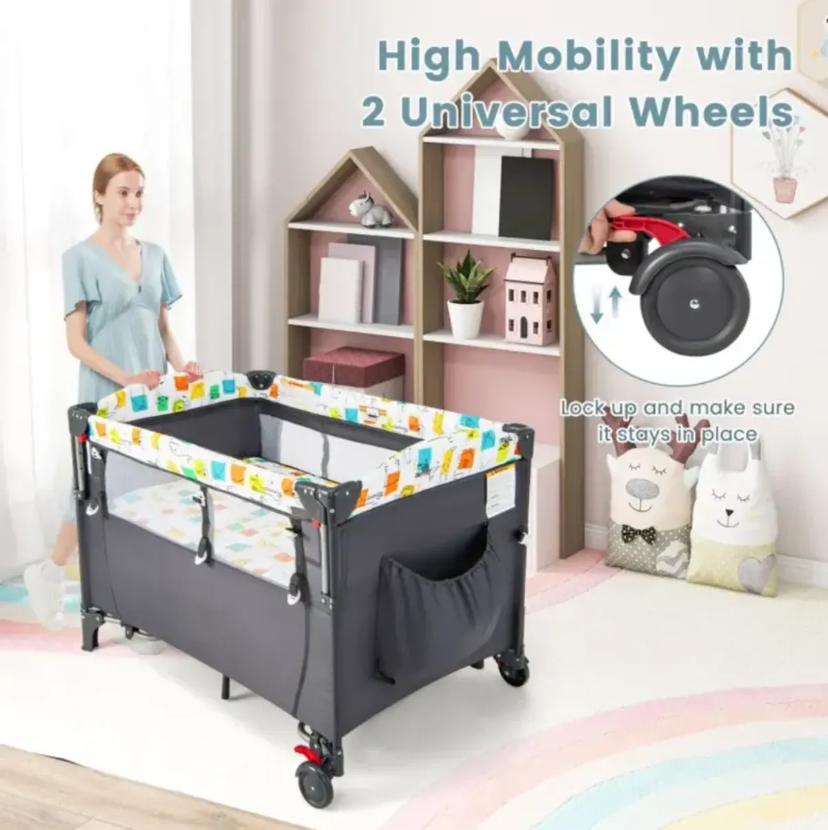 5-in-1 Baby Nursery Center Foldable Toddler Bedside Crib with Music Box