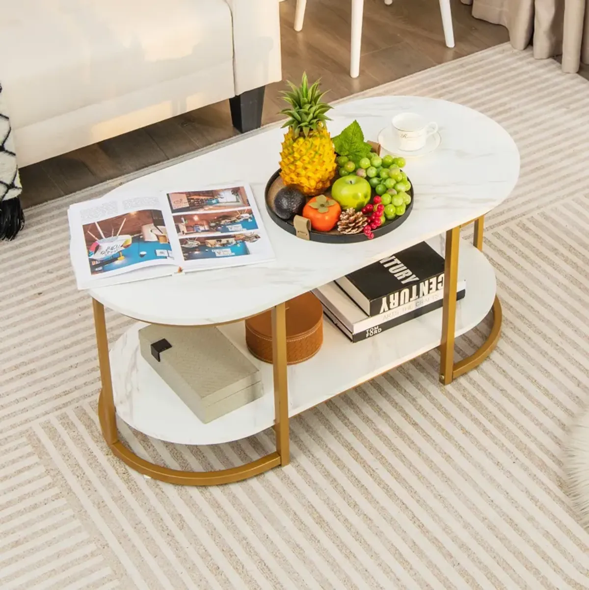 Marble Coffee Table with Open Storage Shelf-White