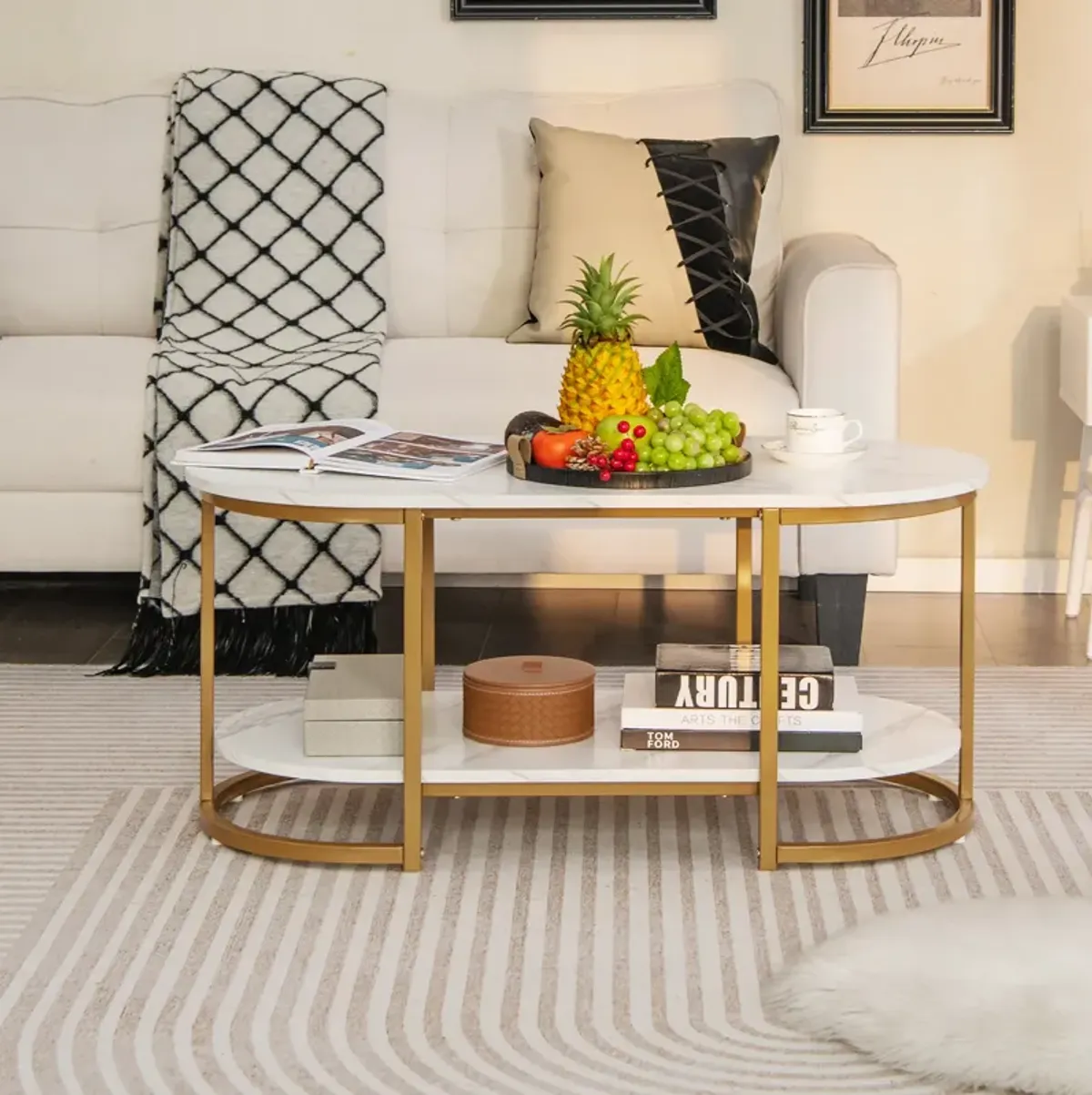 Marble Coffee Table with Open Storage Shelf-White