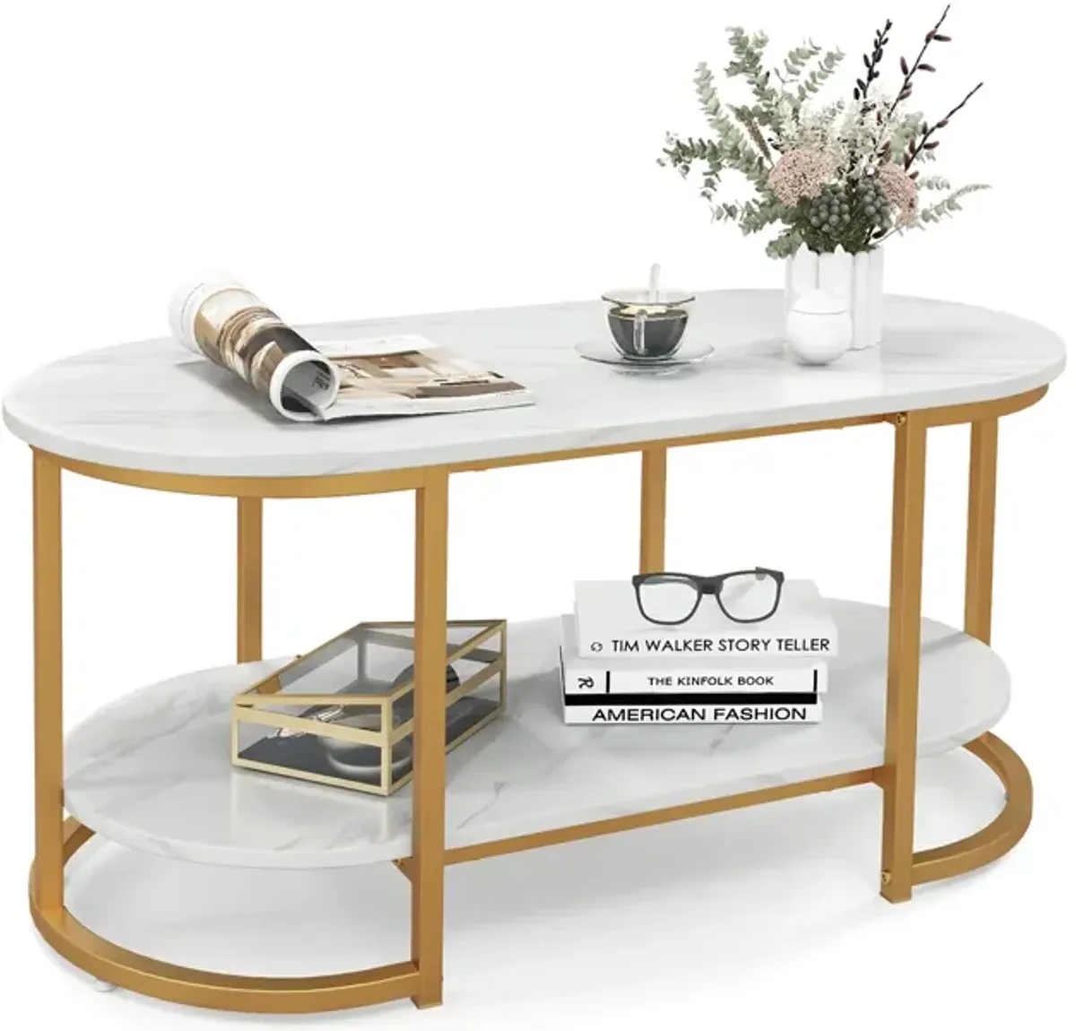 Marble Coffee Table with Open Storage Shelf-White