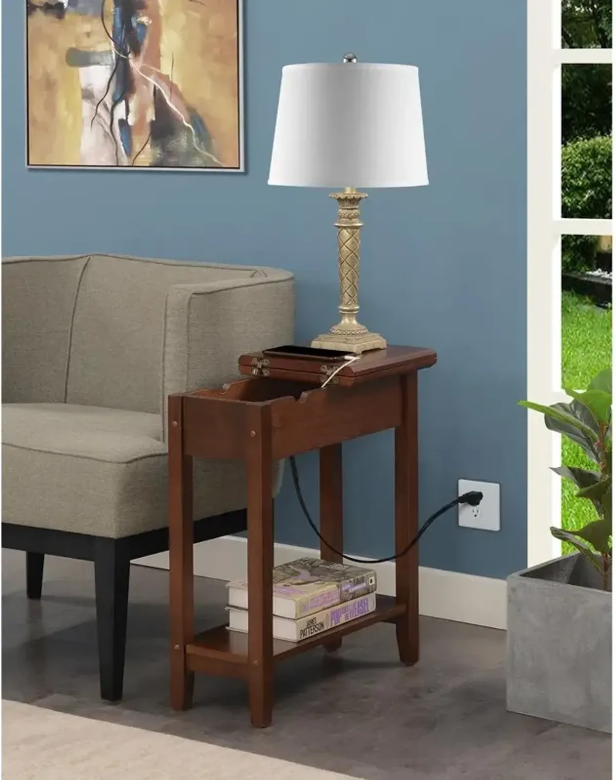 Convience Concept, Inc. American Heritage Flip Top End Table with Charging Station and Shelf