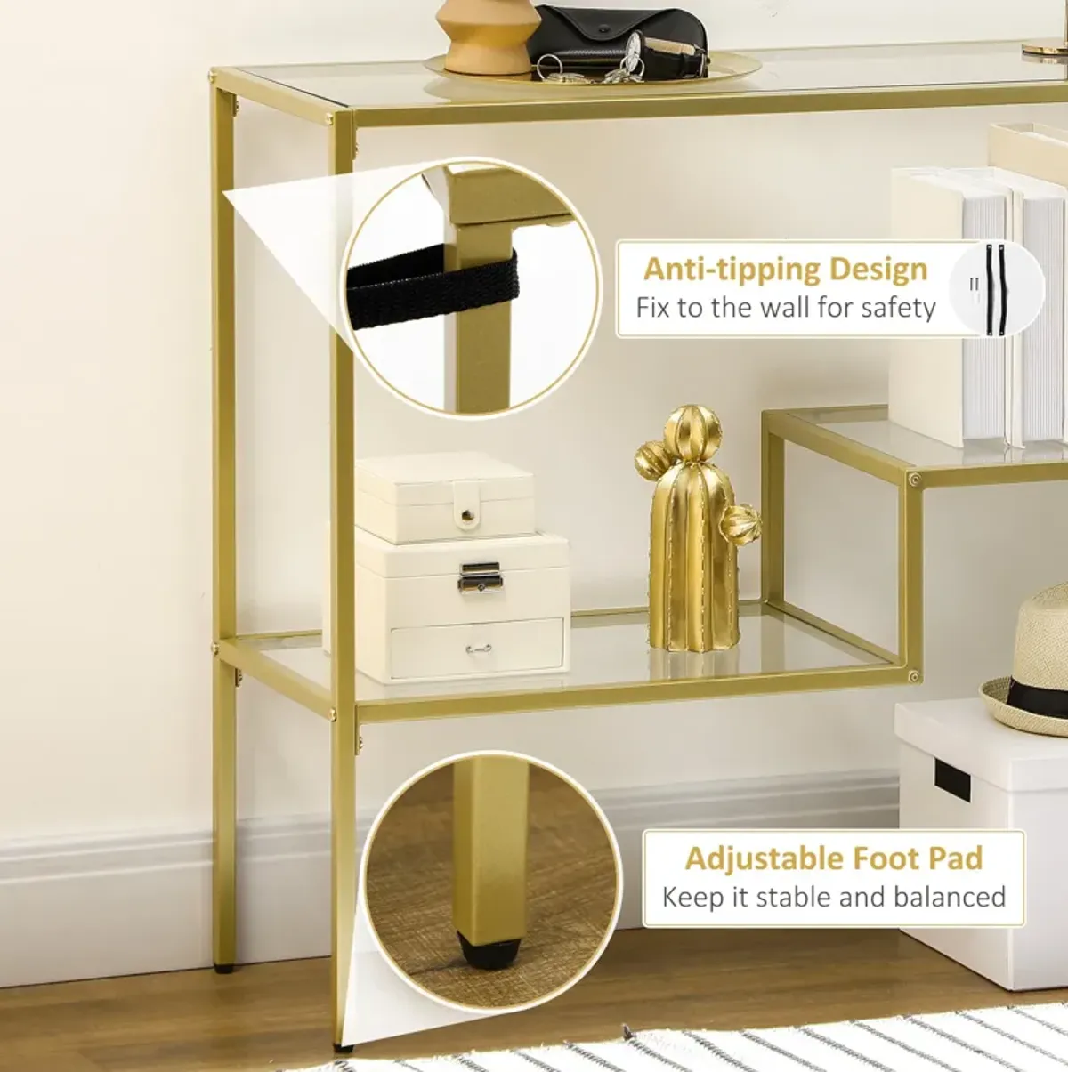 Gold Entryway Accent: 39" Console Table with Glass Top & Steel Frame