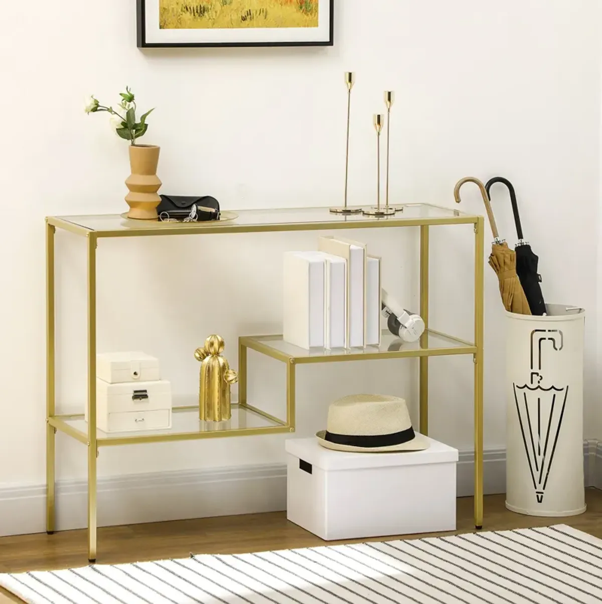 Gold Entryway Accent: 39" Console Table with Glass Top & Steel Frame