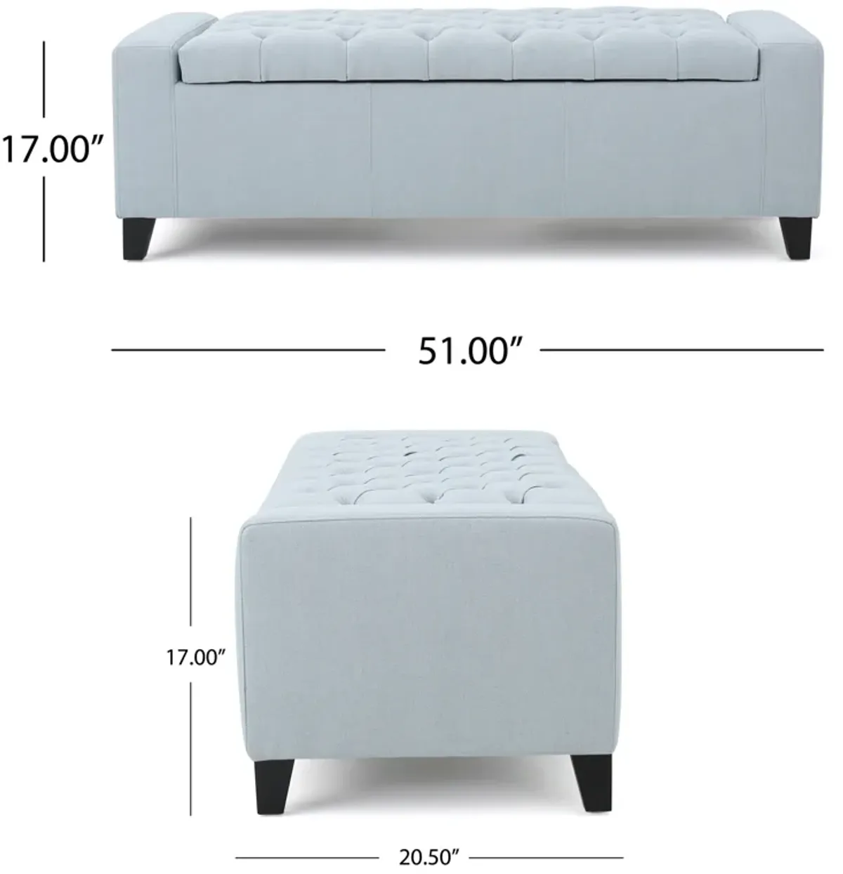 Liani Storage Ottoman Bench, Light Blue Fabric, Tufted Top, 51 Inch -Benzara