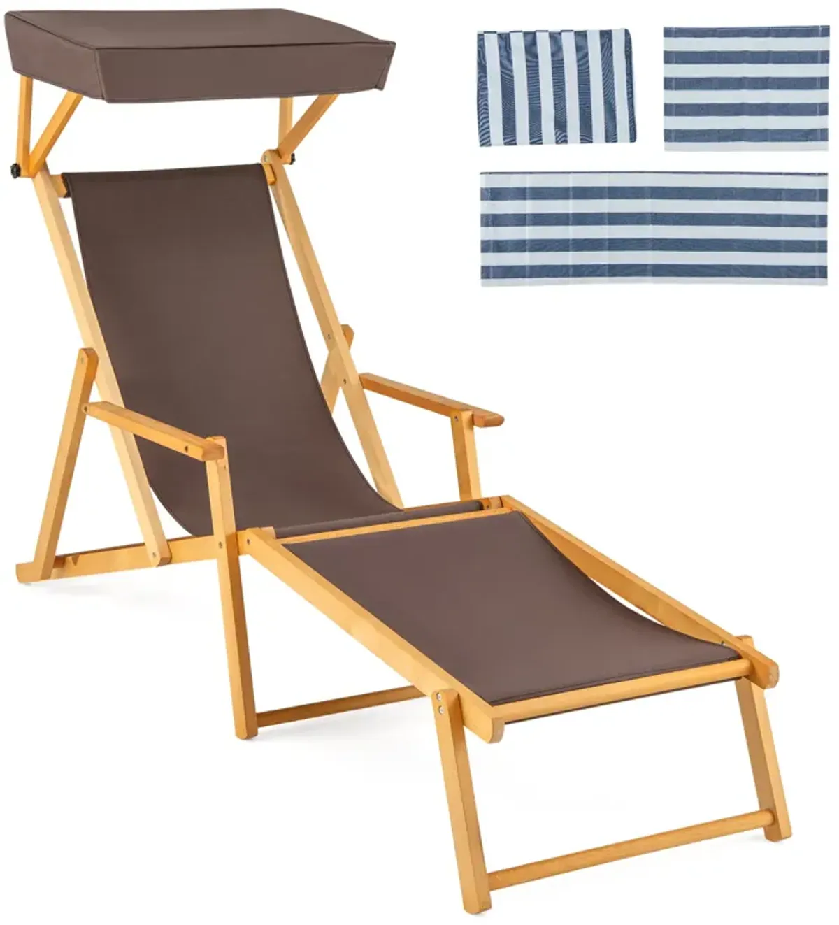 Birch Wood Chaise Lounge Chair – Foldable Beach Chair with Adjustable Canopy for Outdoor Relaxation