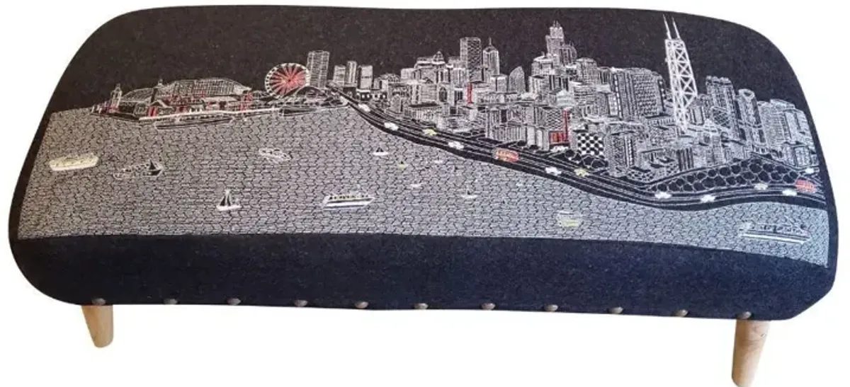 38" Black Chicago Nighttime Skyline Embroidered Ottoman