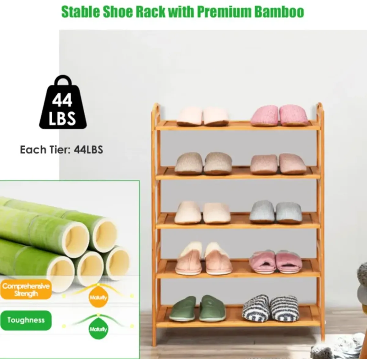 Hivvago 5-Tier Bamboo FreeStanding Shoe Rack-Natural