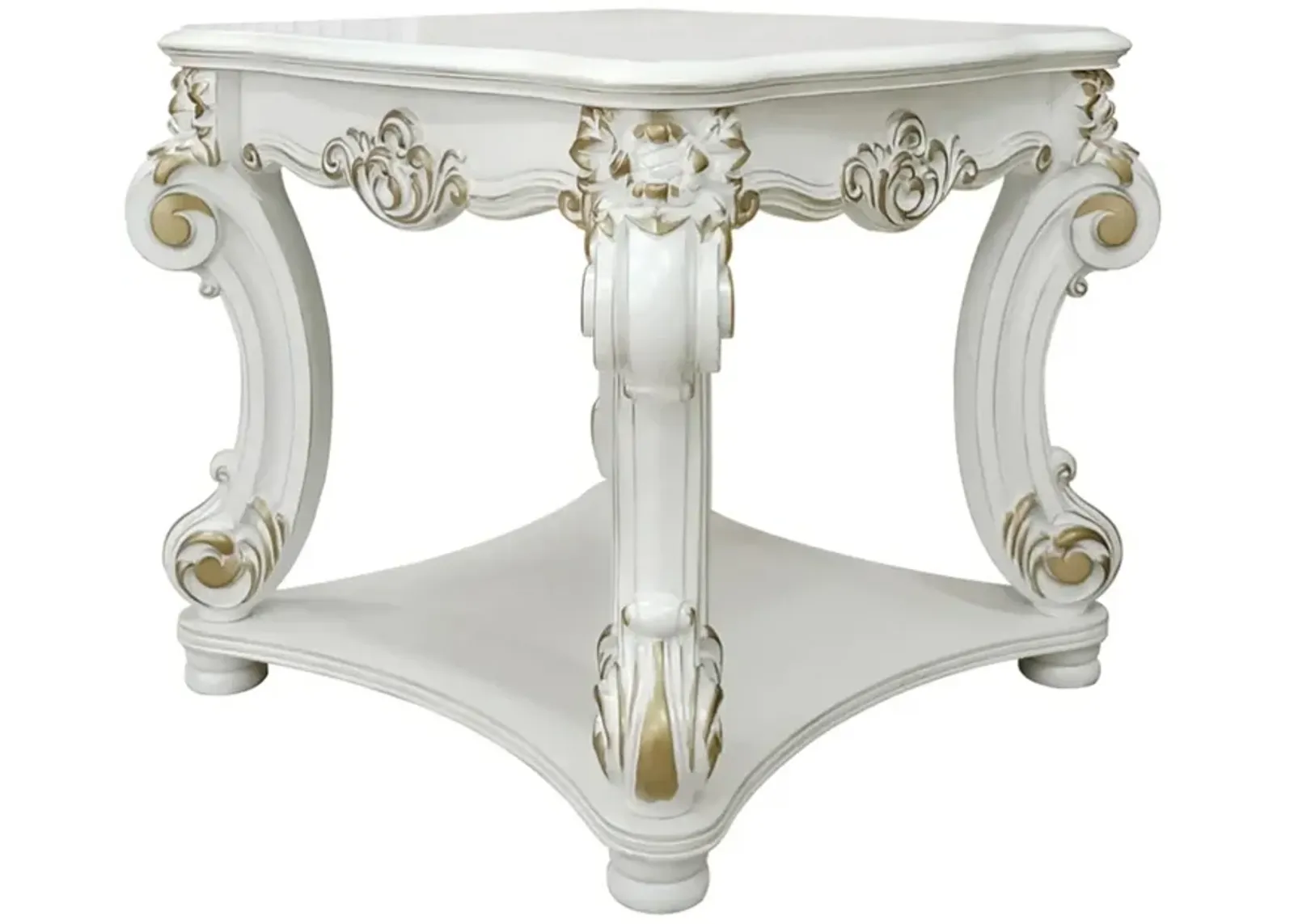 Jess 31 Inch Side End Table, Classic Scrolled Legs, White, Brushed Gold  - Benzara