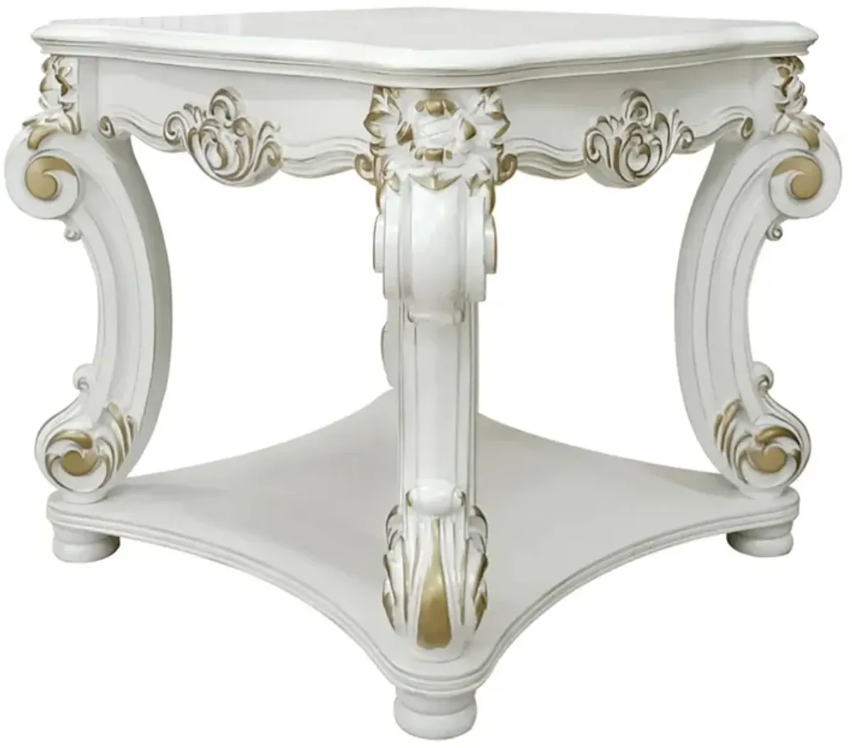 Jess 31 Inch Side End Table, Classic Scrolled Legs, White, Brushed Gold  - Benzara